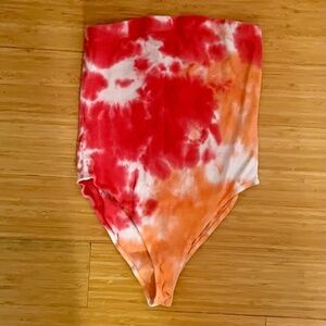 Forever 21 strapless ribbed tie dye bodysuit in pink, orange, and white